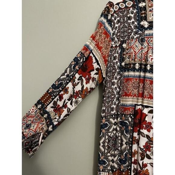 Boho Floral Geometric Quilt Square Pattern Long Sleeve Button-Down Shirt Kimono - Picture 12 of 16